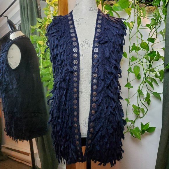 SCOTCH & SODA | Bronze Coin Hem Indigo Blue Fringe Sweater Vest (Size S) - Picture 10 of 10